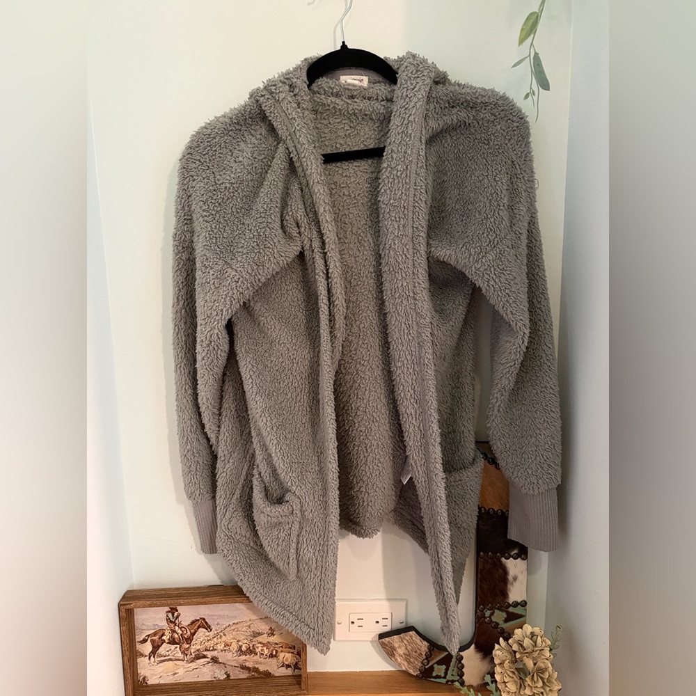 Hippie Rose Gray Teddy Fleece Hooded Jacket